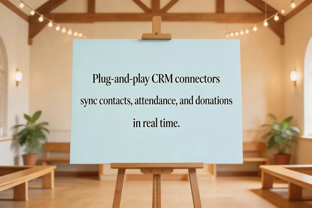 Plug‑and‑play CRM connectors sync contacts, attendance, and donations in real time.