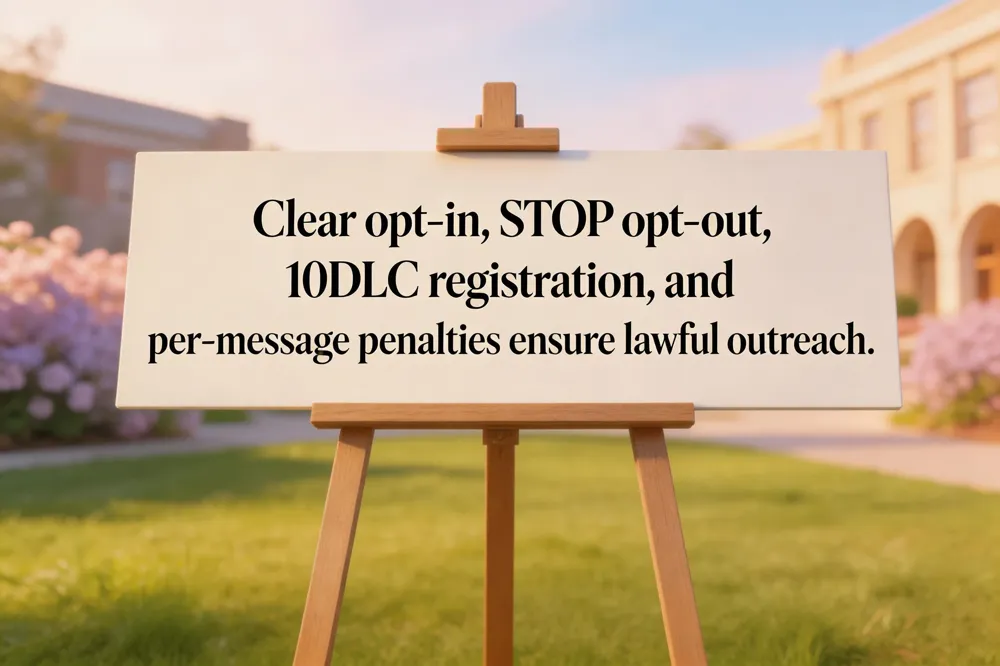 Clear opt‑in, STOP opt‑out, 10DLC registration, and per‑message penalties ensure lawful outreach.