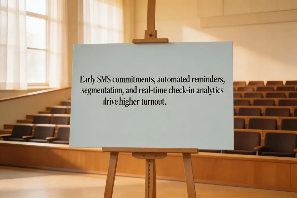 Early SMS commitments, automated reminders, segmentation, and real‑time check‑in analytics drive higher turnout.