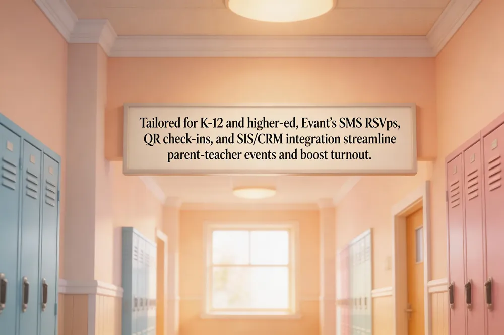 Tailored for K‑12 and higher‑ed, Evant’s SMS RSVPs, QR check‑ins, and SIS/CRM integration streamline parent‑teacher events and boost turnout.