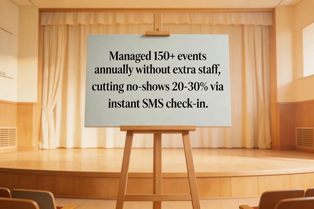 Managed 150+ events annually without extra staff, cutting no‑shows 20‑30% via instant SMS check‑ins.