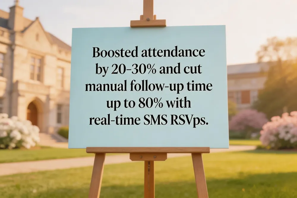 Boosted attendance by 20‑30% and cut manual follow‑up time up to 80% with real‑time SMS RSVPs.
