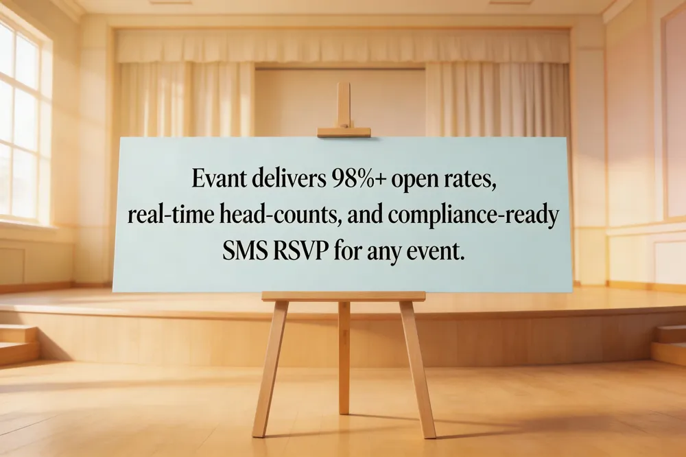 Evant delivers 98%+ open rates, real‑time head‑counts, and compliance‑ready SMS RSVP for any event.