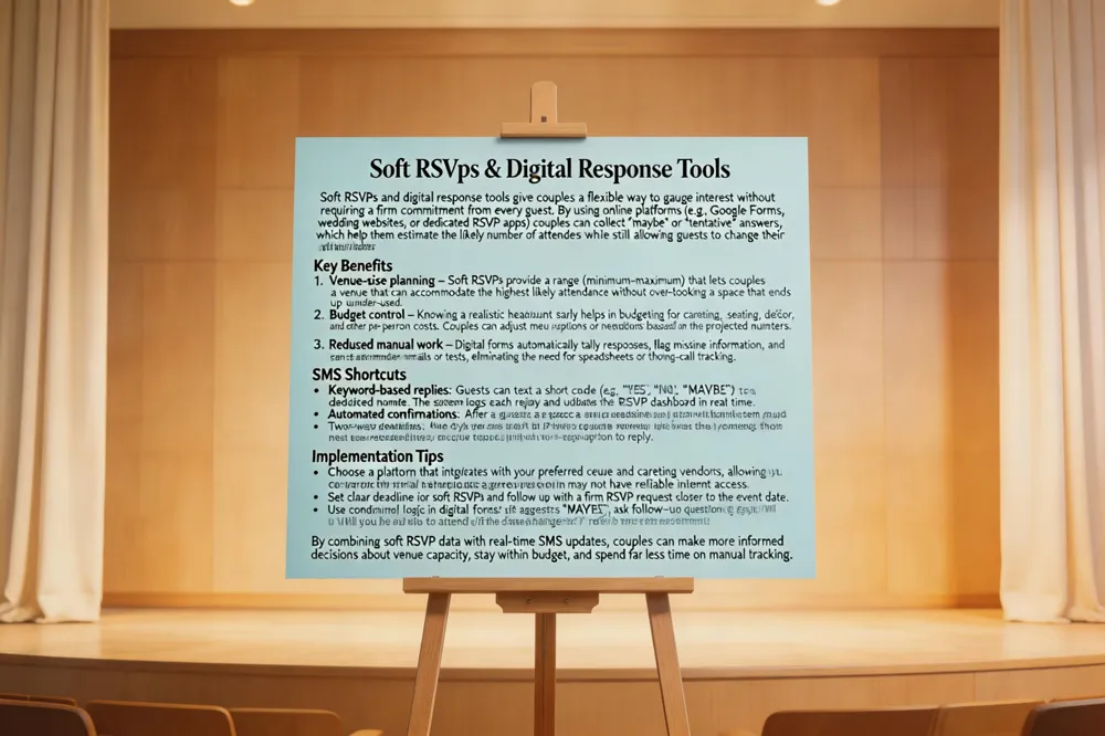 Explore soft RSVPs, digital responses, and SMS shortcuts that help couples secure venue size, manage budgets, and reduce manual work.