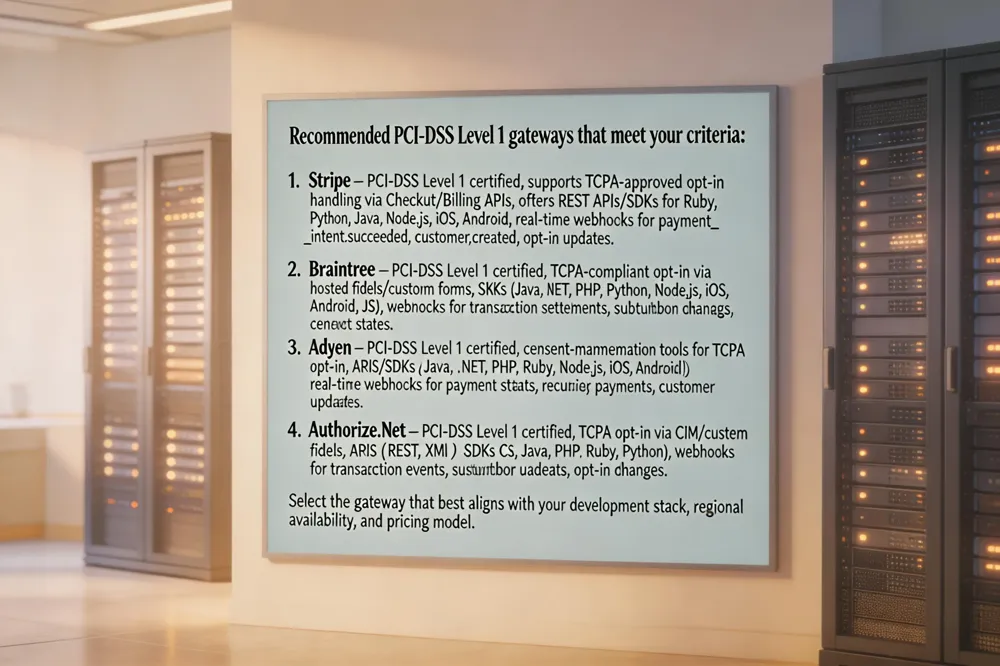 Select a PCI‑DSS Level 1 gateway that supports TCPA‑approved opt‑in handling, offers a robust API/SDKs, and provides real‑time webhook notifications.