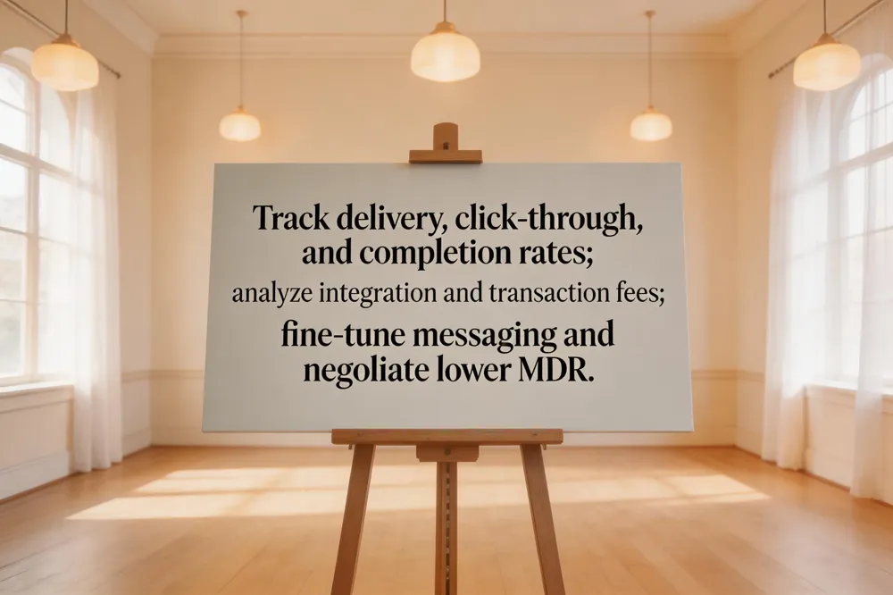 Track delivery, click‑through, and completion rates; analyze integration and transaction fees; fine‑tune messaging and negotiate lower MDR.