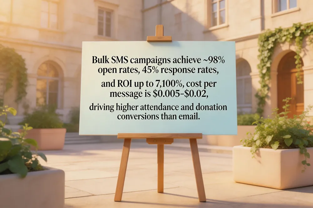 Bulk SMS campaigns achieve ~98% open rates, 45% response rates, and ROI up to 7,100%; cost per message is $0.005‑$0.02, driving higher attendance and donation conversions than email.