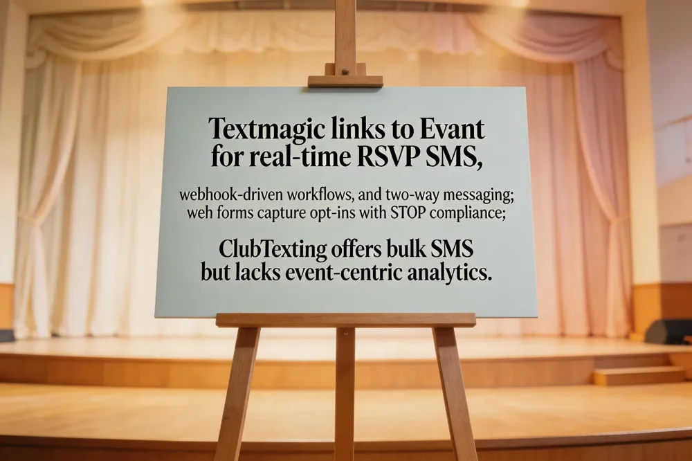 Textmagic links to Evant for real‑time RSVP SMS, webhook‑driven workflows, and two‑way messaging; web forms capture opt‑ins with STOP compliance; ClubTexting offers bulk SMS but lacks event‑centric analytics.