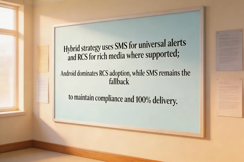 Hybrid strategy uses SMS for universal alerts and RCS for rich media where supported; Android dominates RCS adoption, while SMS remains the fallback to maintain compliance and 100% delivery.