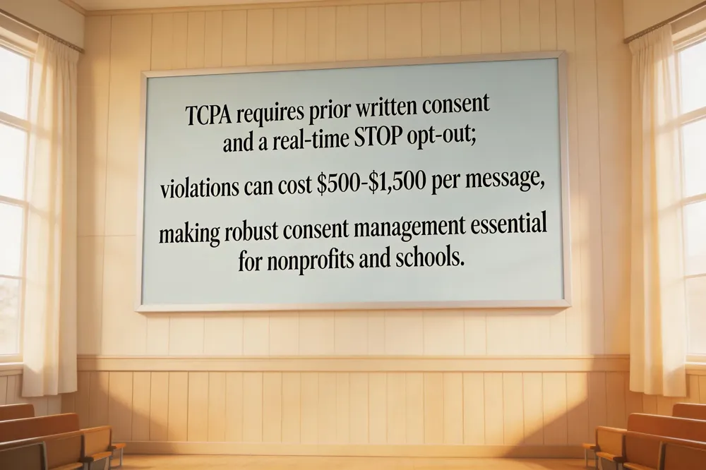 TCPA requires prior written consent and a real‑time STOP opt‑out; violations can cost $500‑$1,500 per message, making robust consent management essential for nonprofits and schools.