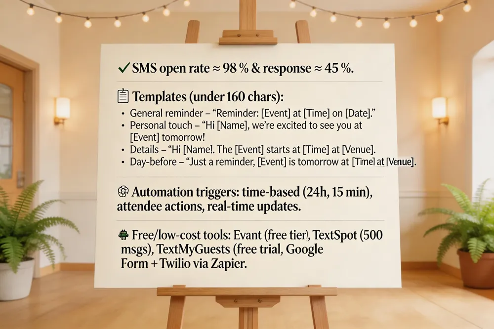 ✅ SMS open rate ≈ 98 % &amp; response ≈ 45 %.
📋 Templates (under 160 chars):
• General reminder – “Reminder: [Event] at [Time] on [Date].”
• Personal touch – “Hi [Name], we’re excited to see you at [Event] tomorrow!”
• Details – “Hi [Name]. The [Event] starts at [Time] at [Venue].”
• Day‑before – “Just a reminder, [Event] is tomorrow at [Time] at [Venue].”
⚙️ Automation triggers: time‑based (24 h, 15 min), attendee actions, real‑time updates.
🛠️ Free/low‑cost tools: Evant (free tier), TextSpot (500 msgs), TextMyGuests (free trial), Google Form + Twilio via Zapier.