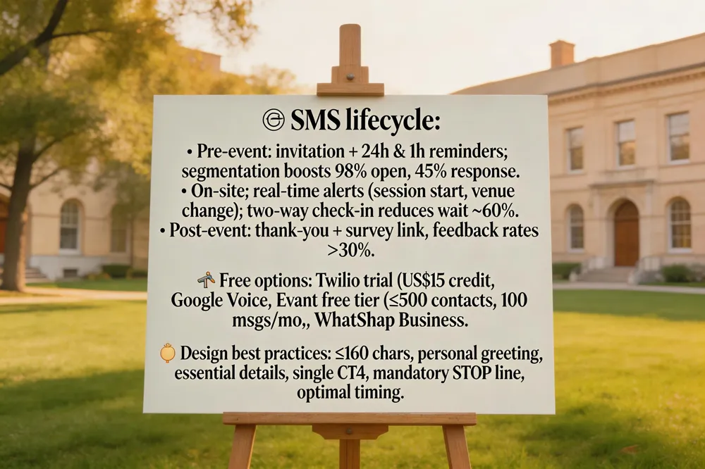 🔄 SMS lifecycle:
• Pre‑event: invitation + 24 h &amp; 1 h reminders; segmentation boosts 98 % open, 45 % response.
• On‑site: real‑time alerts (session start, venue change); two‑way check‑in reduces wait time by ~60 %.
• Post‑event: thank‑you + survey link; feedback rates > 30 %.
🛠️ Free options: Twilio trial (US$15 credit), Google Voice, Evant free tier (≤ 500 contacts, 100 msgs/mo), WhatsApp Business.
💡 Design best practices: ≤ 160 chars, personal greeting, essential details, single CTA, mandatory STOP line, optimal timing.