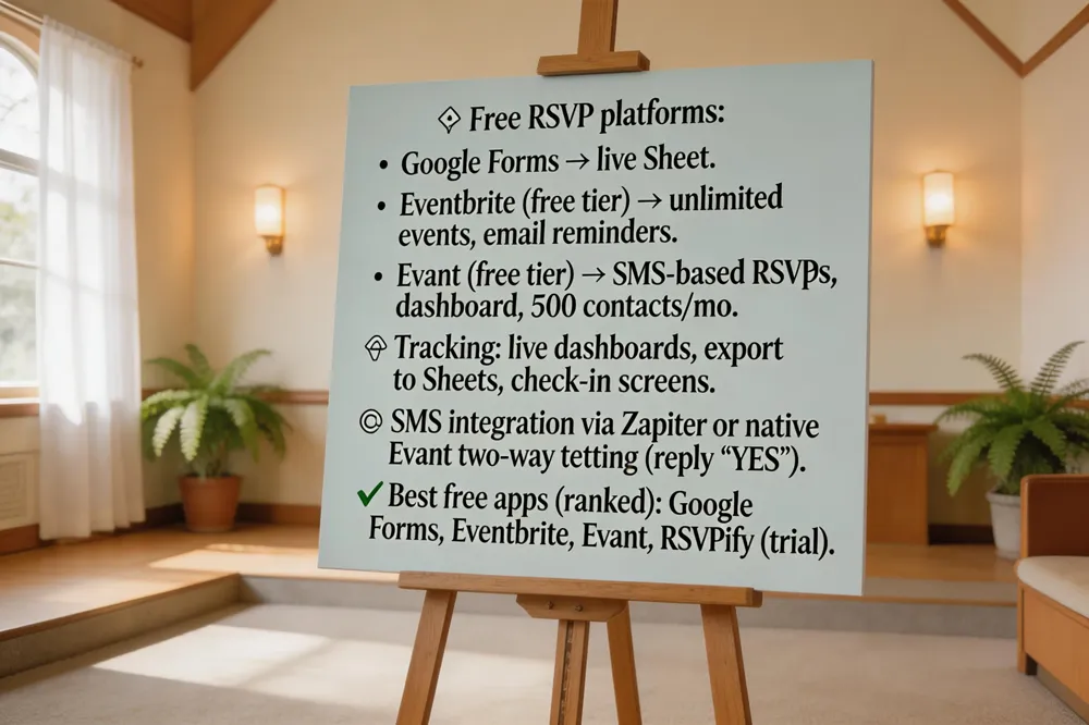 📌 Free RSVP platforms:
• Google Forms → live Sheet.
• Eventbrite (free tier) → unlimited events, email reminders.
• Evant (free tier) → SMS‑based RSVPs, dashboard, 500 contacts/mo.
📊 Tracking: live dashboards, export to Sheets, check‑in screens.
🔗 SMS integration via Zapier or native Evant two‑way texting (reply “YES”).
✅ Best free apps (ranked): Google Forms, Eventbrite, Evant, RSVPify (trial).