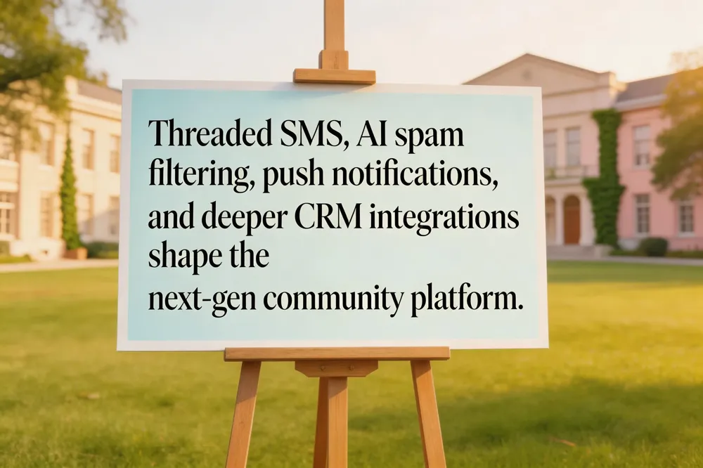 Threaded SMS, AI spam filtering, push notifications, and deeper CRM integrations shape the next‑gen community platform.