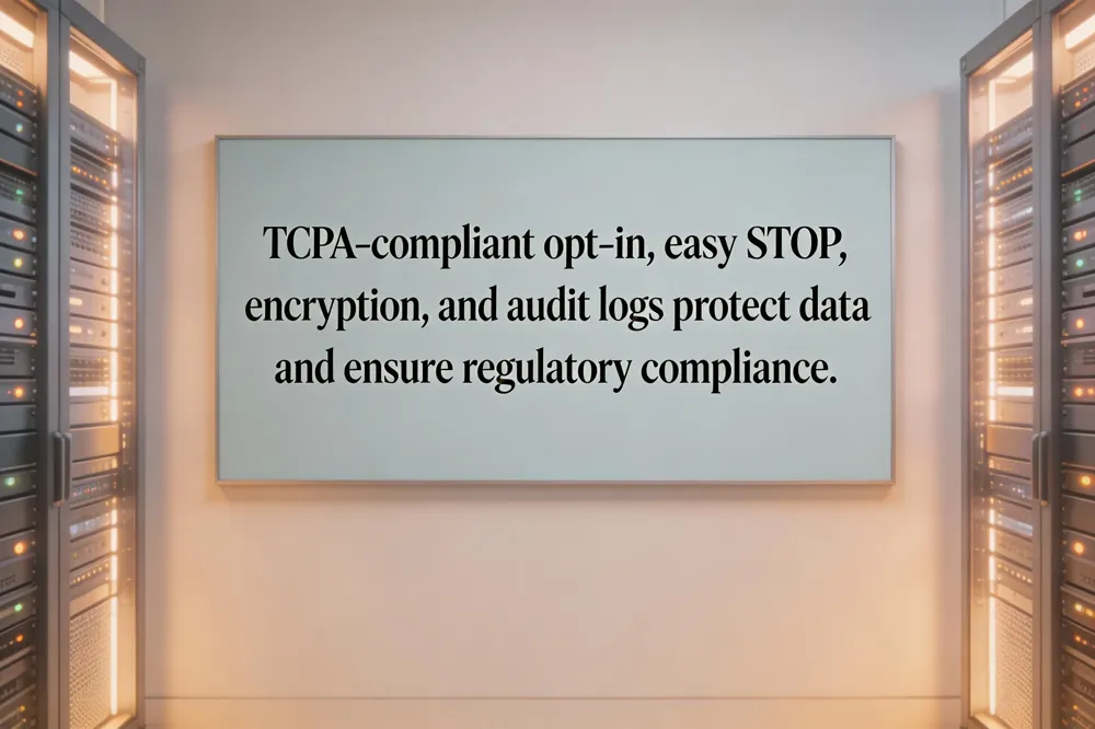 TCPA‑compliant opt‑in, easy STOP, encryption, and audit logs protect data and ensure regulatory compliance.
