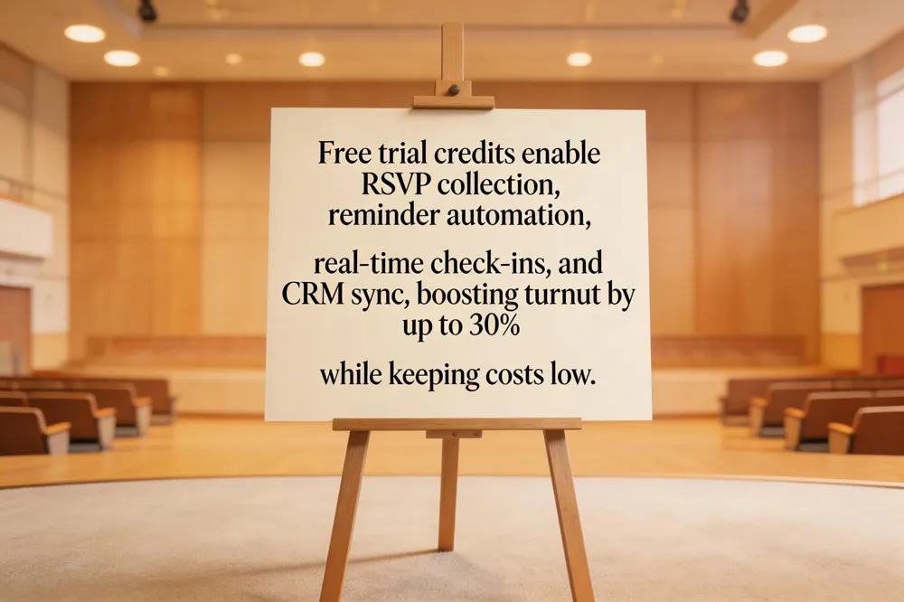 Free trial credits enable RSVP collection, reminder automation, real‑time check‑ins, and CRM sync, boosting turnout by up to 30% while keeping costs low.