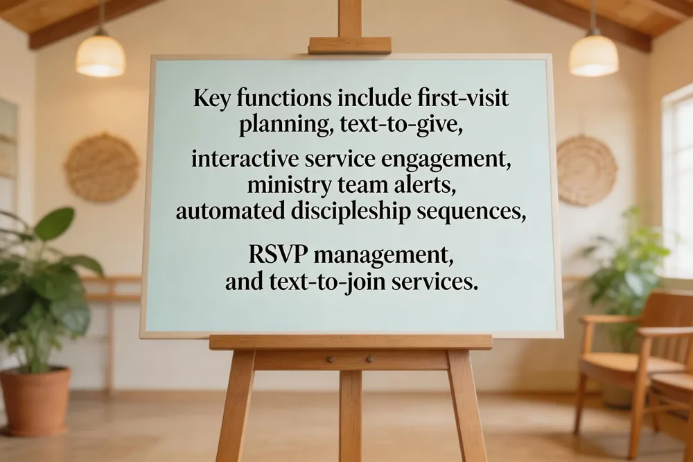 Key functions include first‑visit planning, text‑to‑give, interactive service engagement, ministry team alerts, automated discipleship sequences, RSVP management, and text‑to‑join services.