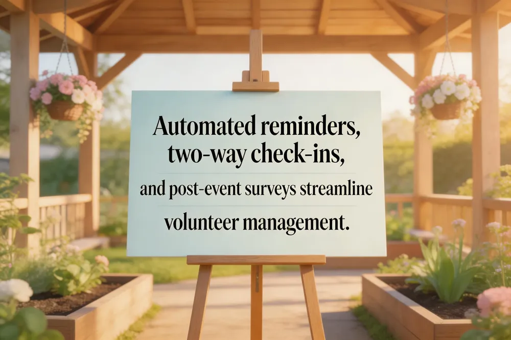 Automated reminders, two‑way check‑ins, and post‑event surveys streamline volunteer management.