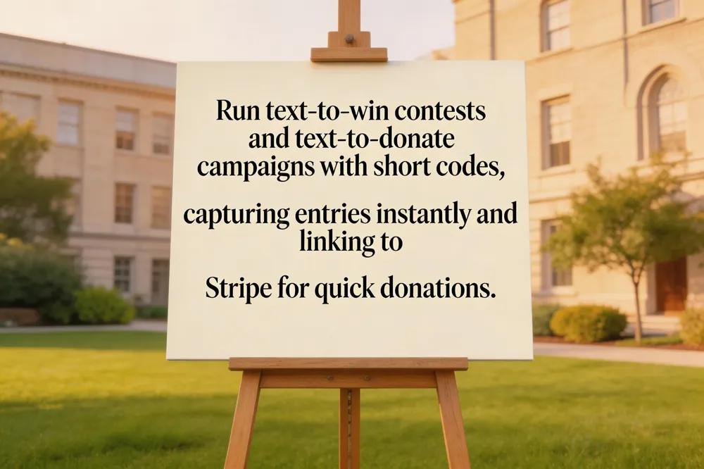Run text‑to‑win contests and text‑to‑donate campaigns with short codes, capturing entries instantly and linking to Stripe for quick donations.