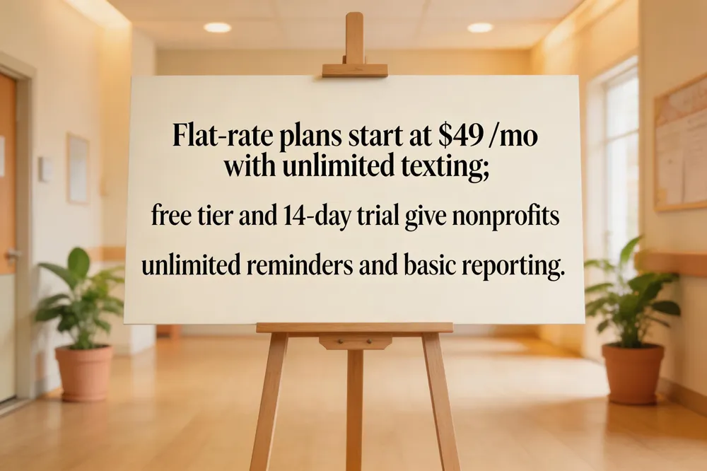 Flat‑rate plans start at $49 /mo with unlimited texting; free tier and 14‑day trial give nonprofits unlimited reminders and basic reporting.