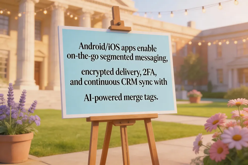 Android/iOS apps enable on‑the‑go segmented messaging, encrypted delivery, 2FA, and continuous CRM sync with AI‑powered merge tags.