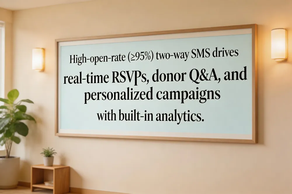 High‑open‑rate (≥95%) two‑way SMS drives real‑time RSVPs, donor Q&amp;A, and personalized campaigns with built‑in analytics.