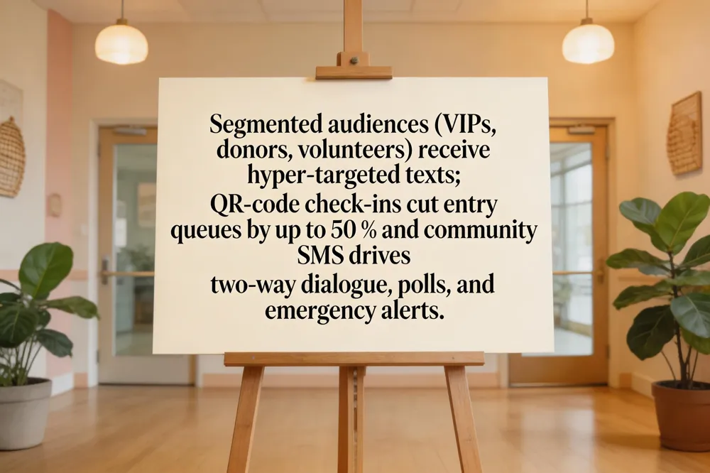 Segmented audiences (VIPs, donors, volunteers) receive hyper‑targeted texts; QR‑code check‑ins cut entry queues by up to 50 % and community SMS drives two‑way dialogue, polls, and emergency alerts.