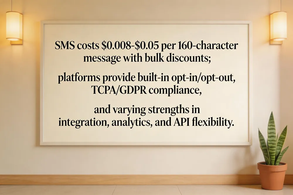 SMS costs $0.008‑$0.05 per 160‑character message with bulk discounts; platforms provide built‑in opt‑in/opt‑out, TCPA/GDPR compliance, and varying strengths in integration, analytics, and API flexibility.