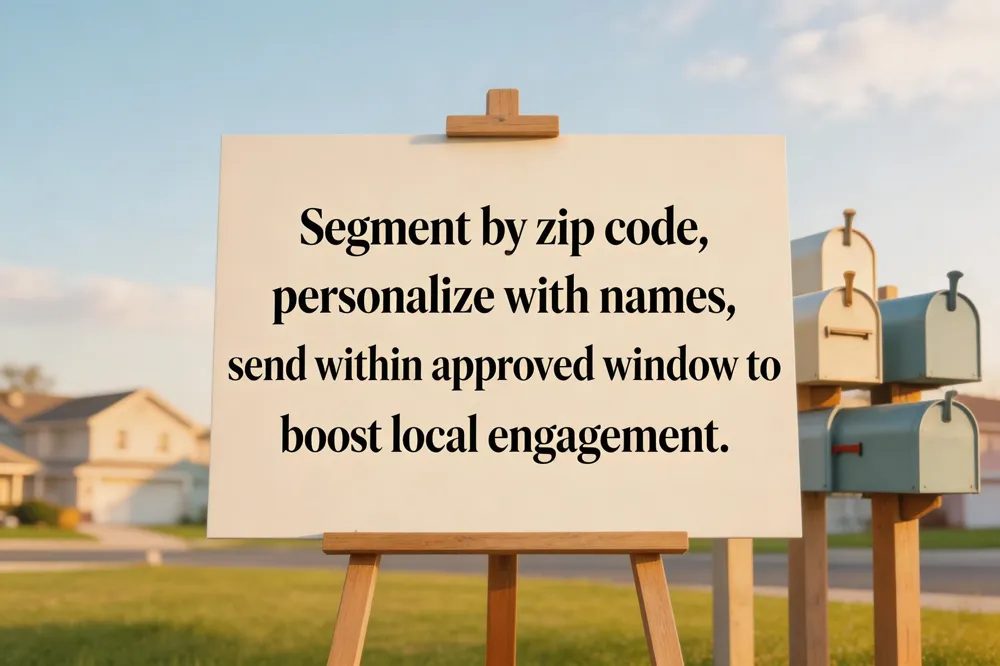 Segment by zip code, personalize with names, send within approved window to boost local engagement.