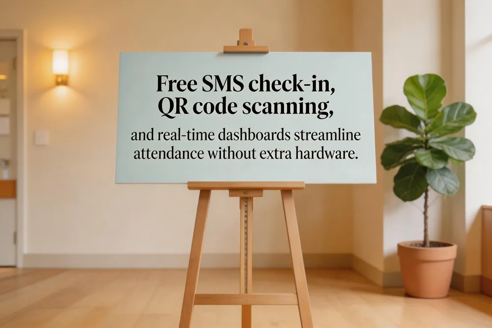 Free SMS check‑in, QR code scanning, and real‑time dashboards streamline attendance without extra hardware.