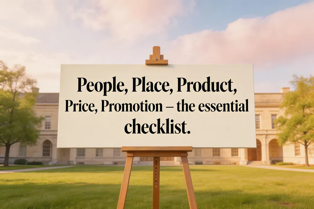 People, Place, Product, Price, Promotion – the essential checklist.