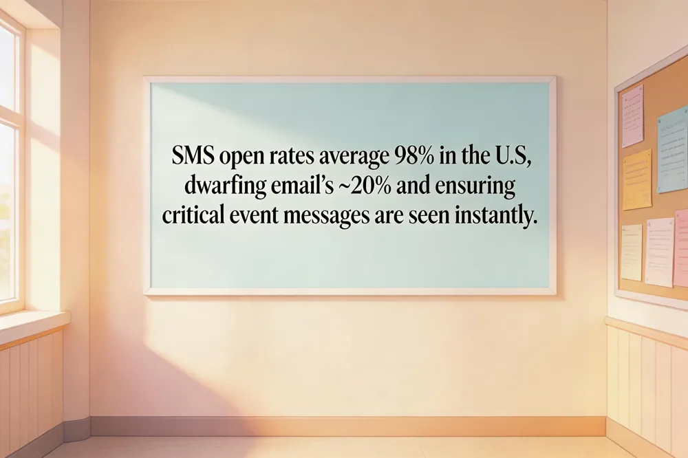 SMS open rates average 98% in the U.S., dwarfing email’s ~20% and ensuring critical event messages are seen instantly.