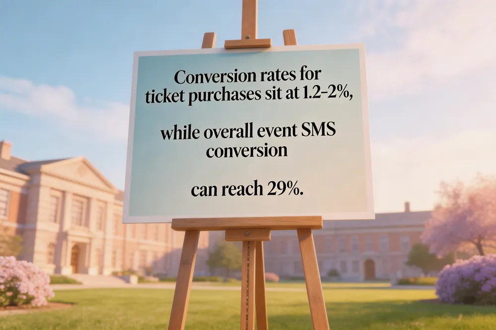 Conversion rates for ticket purchases sit at 1.2‑2%, while overall event SMS conversion can reach 29%.