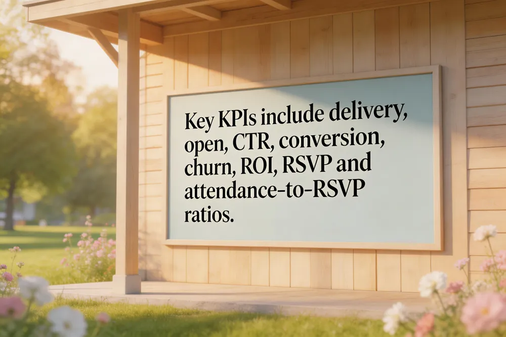 Key KPIs include delivery, open, CTR, conversion, churn, ROI, RSVP and attendance‑to‑RSVP ratios.
