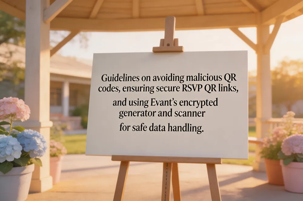 Guidelines on avoiding malicious QR codes, ensuring secure RSVP QR links, and using Evant’s encrypted generator and scanner for safe data handling.