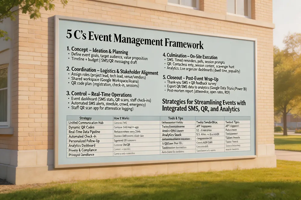 The 5 C’s framework (Concept, Coordination, Control, Culmination, Closeout) and strategies for streamlining events with integrated SMS, QR, and analytics.