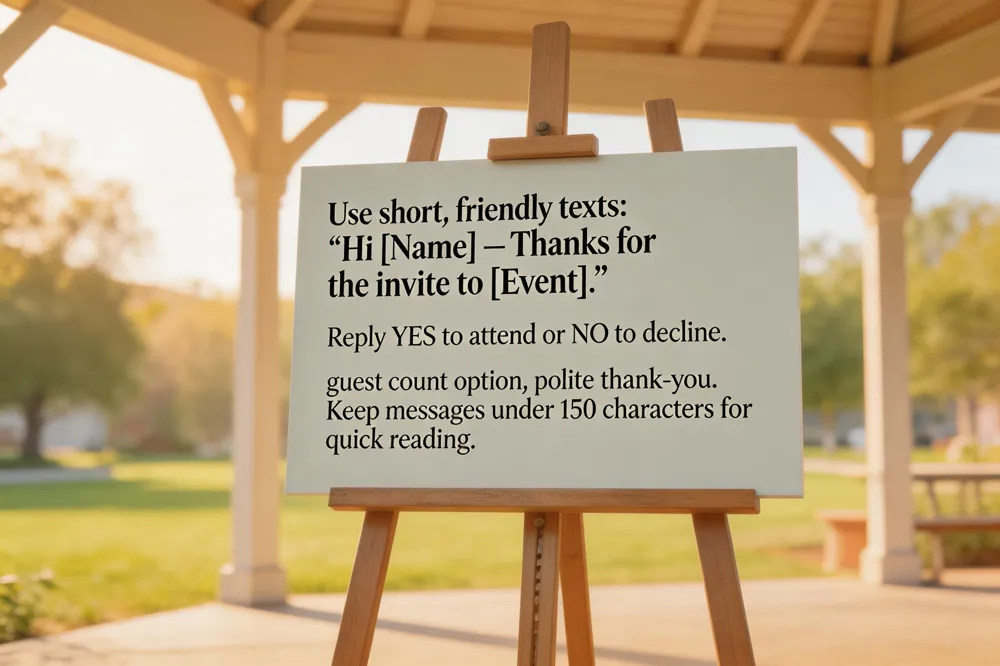Use short, friendly texts: “Hi [Name] – Thanks for the invite to [Event]. Reply YES to attend or NO to decline.” Include host name, event details, guest count option, and a polite thank‑you. Keep messages under 150 characters for quick reading.