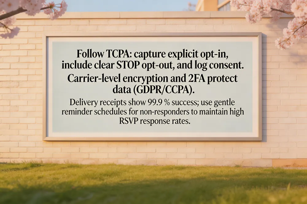 Follow TCPA: capture explicit opt‑in, include clear STOP opt‑out, and log consent. Carrier‑level encryption and 2FA protect data (GDPR/CCPA). Delivery receipts show 99.9 % success; use gentle reminder schedules for non‑responders to maintain high RSVP response rates.
