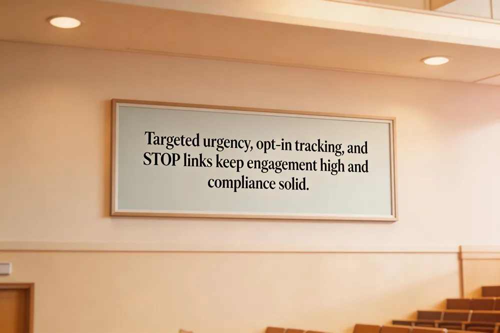 Targeted urgency, opt‑in tracking, and STOP links keep engagement high and compliance solid.