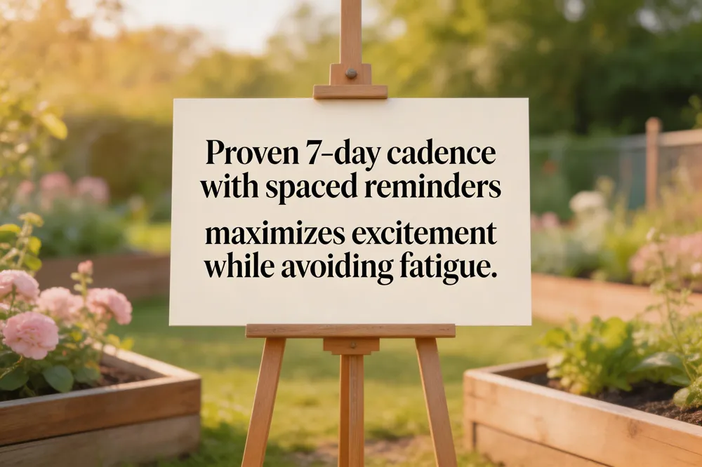 Proven 7‑day cadence with spaced reminders maximizes excitement while avoiding fatigue.