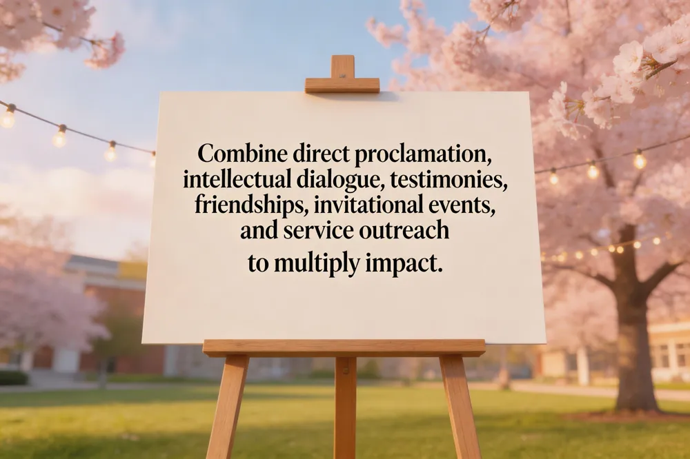 Combine direct proclamation, intellectual dialogue, testimonies, friendships, invitational events, and service outreach to multiply impact.