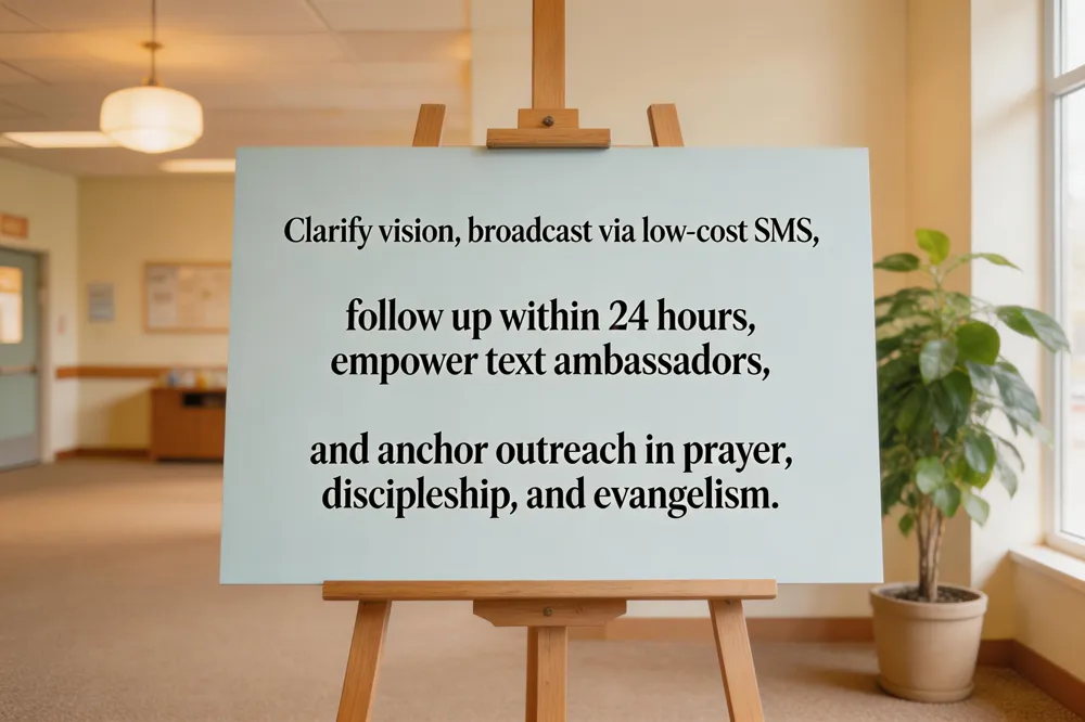 Clarify vision, broadcast via low‑cost SMS, follow up within 24 hours, empower text ambassadors, and anchor outreach in prayer, discipleship, and evangelism.