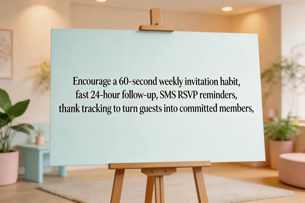 Encourage a 60‑second weekly invitation habit, fast 24‑hour follow‑up, SMS RSVP reminders, thank tracking to turn guests into committed members.