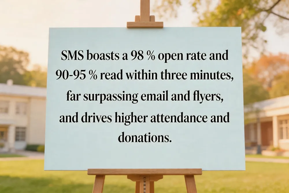 SMS boasts a 98 % open rate and 90‑95 % read within three minutes, far surpassing email and flyers, and drives higher attendance and donations.