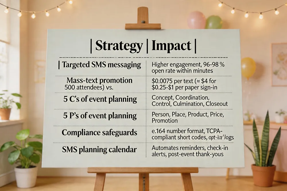 | Strategy | Impact |
|----------|--------|
| Targeted SMS messaging | Higher engagement, 96‑98 % open rate within minutes |
| Mass‑text promotion | $0.0075 per text (≈ $4 for 500 attendees) vs. $0.25‑$1 per paper sign‑in |
| 5 C’s of event planning | Concept, Coordination, Control, Culmination, Closeout |
| 5 P’s of event planning | Person, Place, Product, Price, Promotion |
| Compliance safeguards | e.164 number format, TCPA‑compliant short codes, opt‑in/out logs |
| SMS planning calendar | Automates reminders, check‑in alerts, post‑event thank‑yous |
