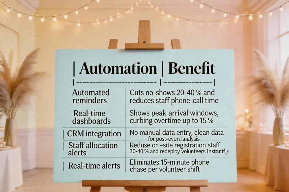 | Automation | Benefit |
|------------|---------|
| Automated reminders | Cuts no‑shows 20‑40 % and reduces staff phone‑call time |
| Real‑time dashboards | Shows peak arrival windows, curbing overtime up to 15 % |
| CRM integration | No manual data entry, clean data for post‑event analysis |
| Staff allocation alerts | Reduce on‑site registration staff 30‑40 % and redeploy volunteers instantly |
| Real‑time alerts | Eliminates 15‑minute phone chase per volunteer shift |
