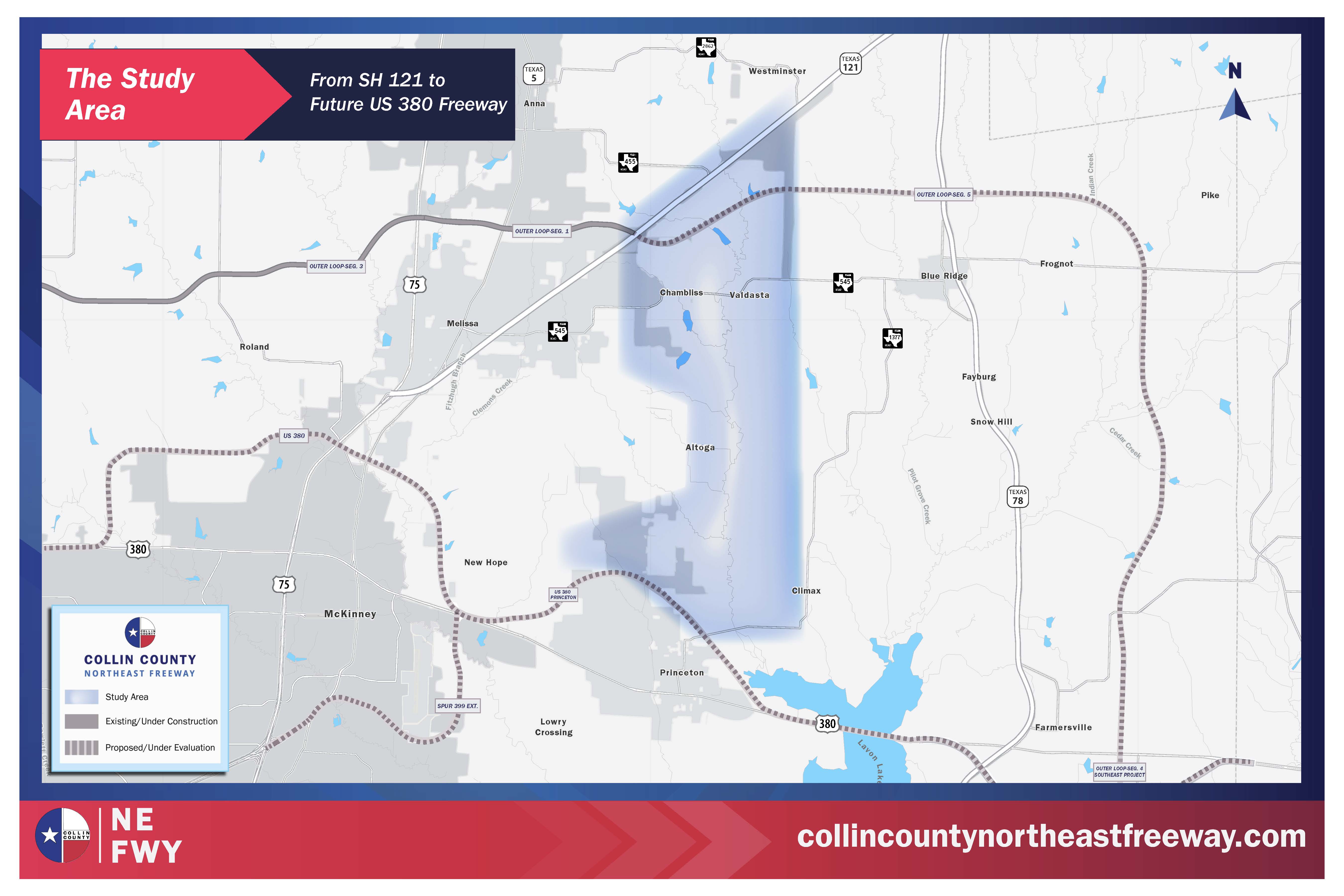 Map of Collin County Northeast Freeway study area from SH 121 to future US 380, highlighting existing, under construction, and proposed freeway segments.