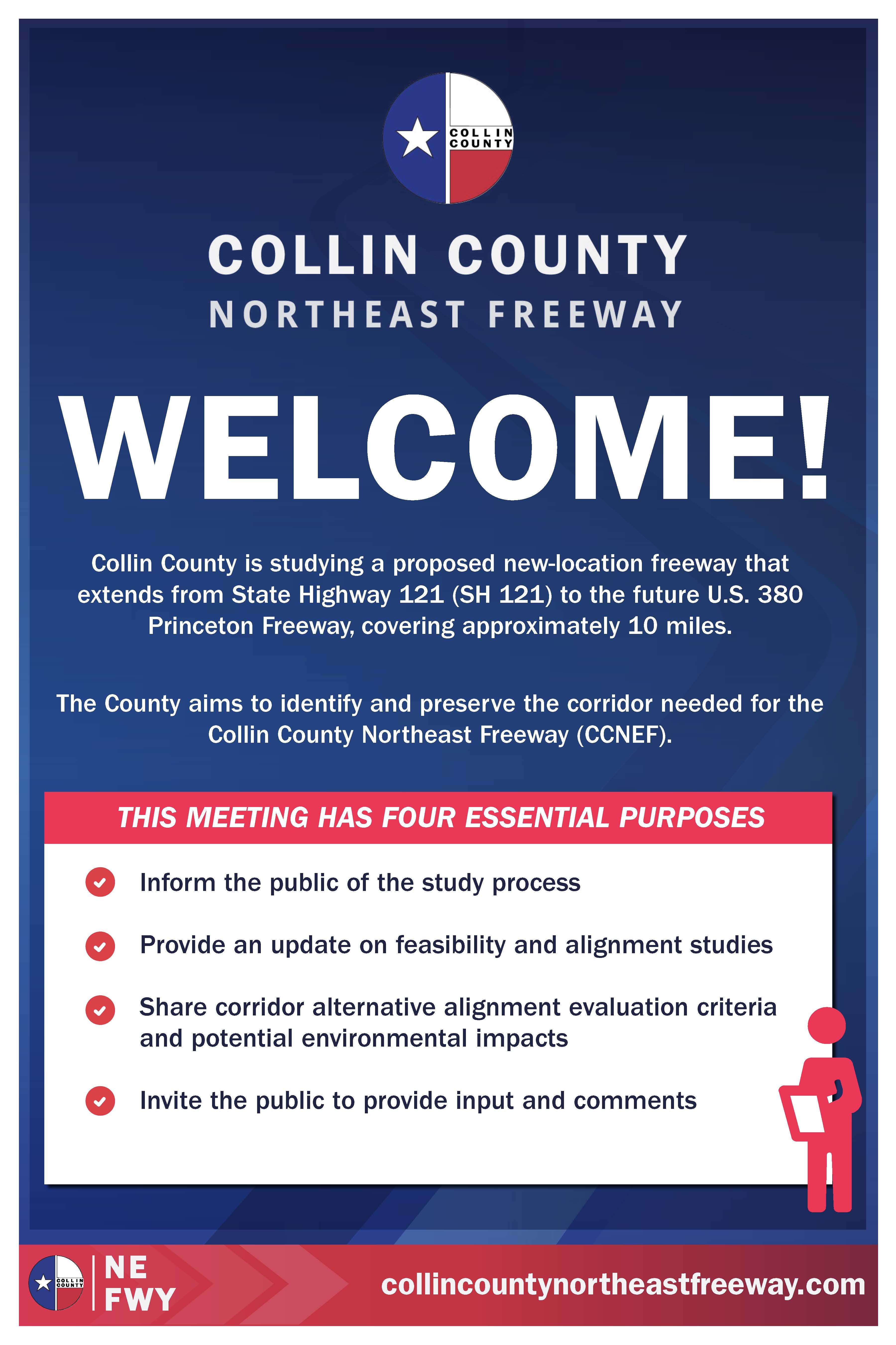 Information poster welcoming the public to a meeting about Collin County Northeast Freeway study, highlighting four essential purposes of the meeting and providing a website URL.