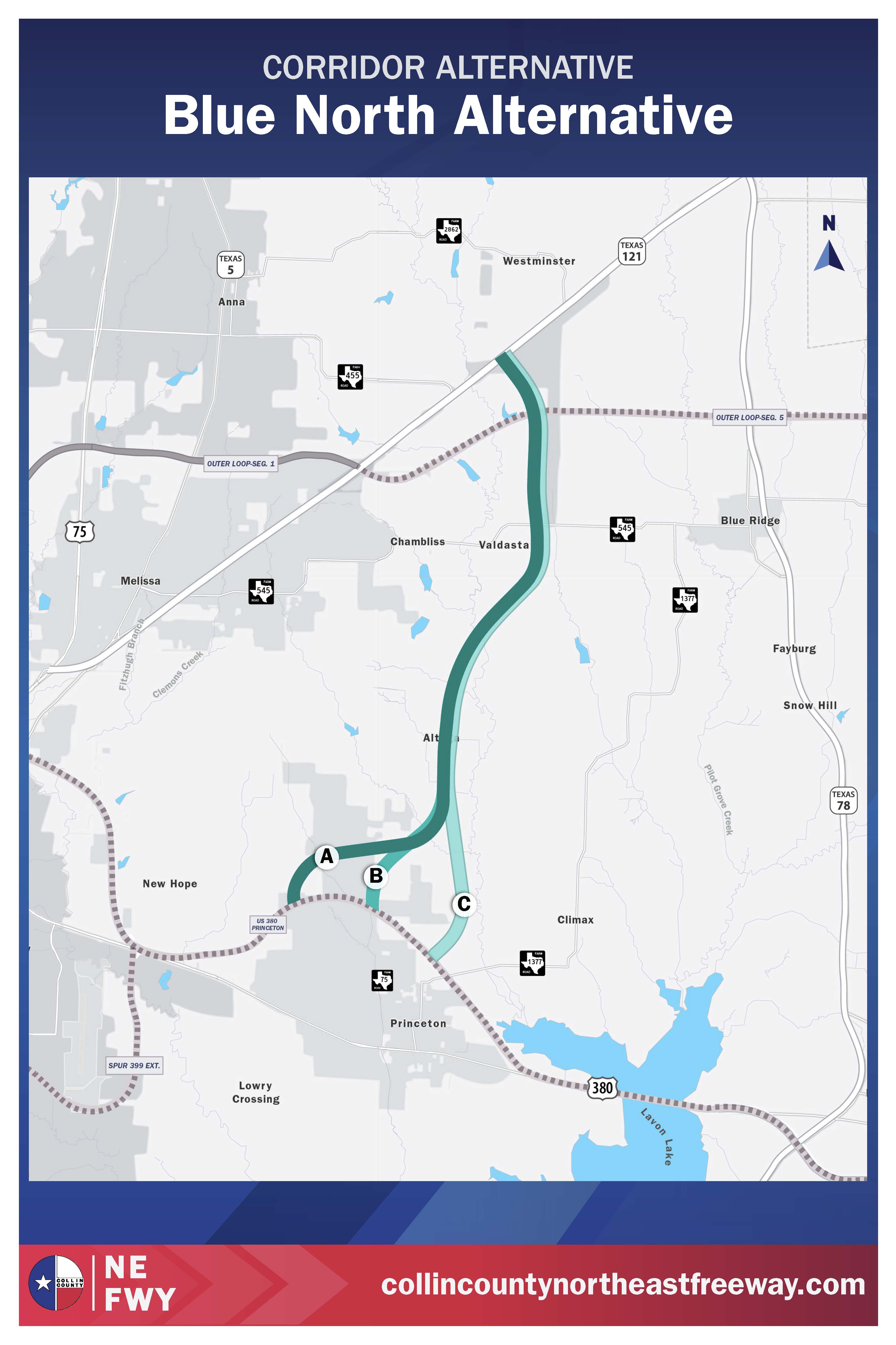 Map showing the Blue North Alternative corridor in Collin County, Texas, highlighting routes A, B, and C near Princeton, with surrounding towns and highways labeled.