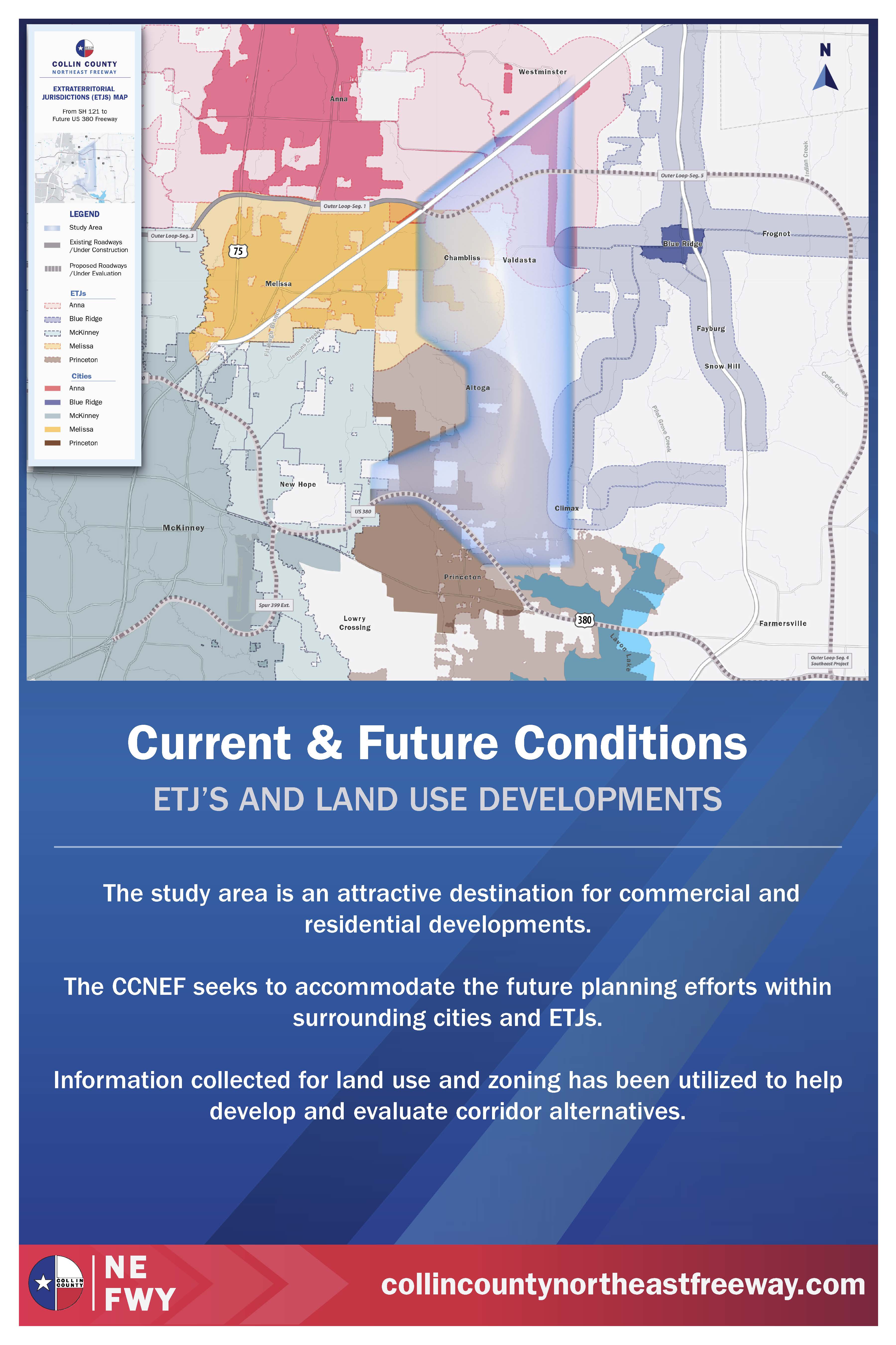Map showing extraterritorial jurisdictions and cities of Collin County Northeast Freeway study area with a legend and text describing future land use and development plans.